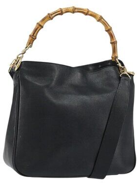 Authentic GUCCI Bamboo Shoulder Bag Leather 2way Black Gold 001 3444 1638